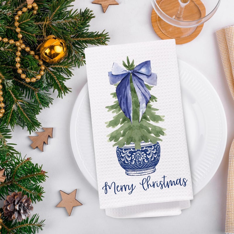 SPBL&L Chinoiserie Christmas Kitchen Towels,Blue Bow Coquette Christmas Tree Dish Towels for Kitchen Bathroom, Blue Christmas Hand Towels for Kitchen,Grandmillennial Decor,16x24 Inches Set of 2 - Image 3